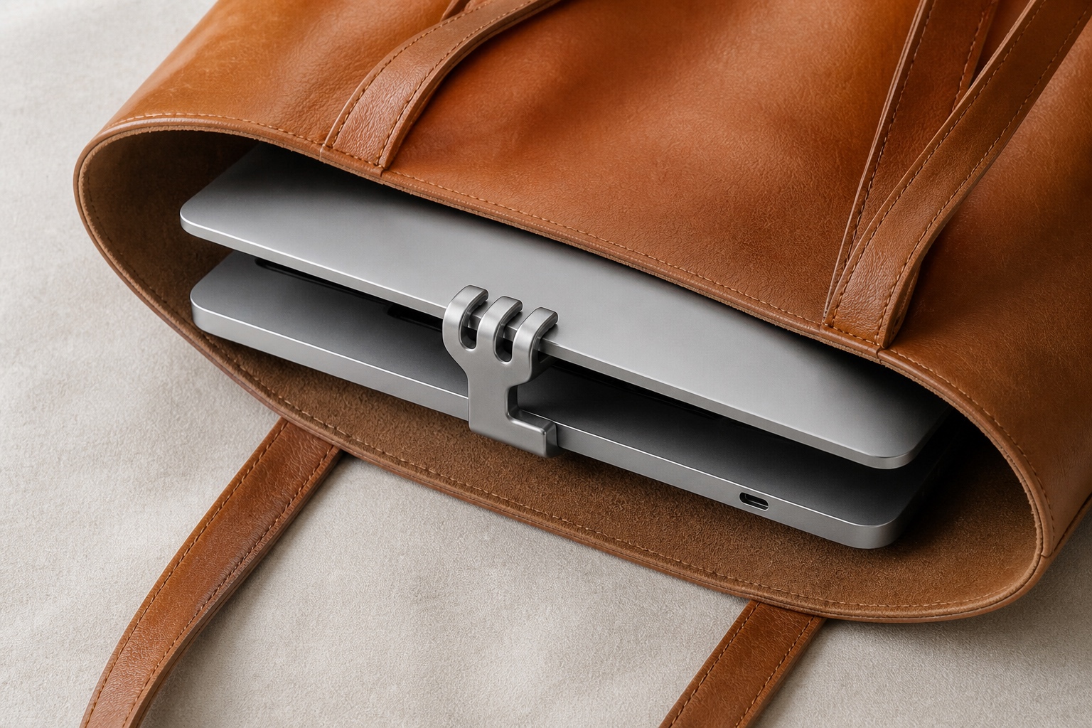 Laptop with RomeLid inside a leather bag